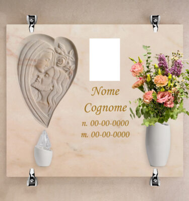 Lapide per loculo a parete con scultura a forma di cuore doppio volto madonna e gesù  - LL02